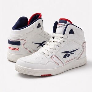 Reebok Men’s White High-Top Sneakers with Navy & Red Trim